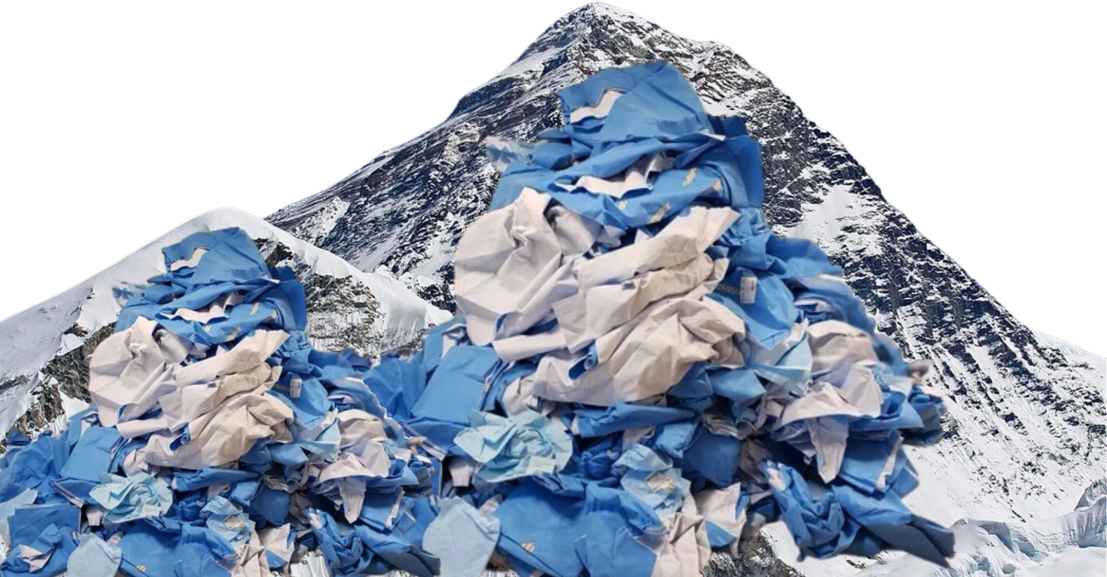 A snow-covered mountain buried under a vast heap of discarded blue surgical wrap