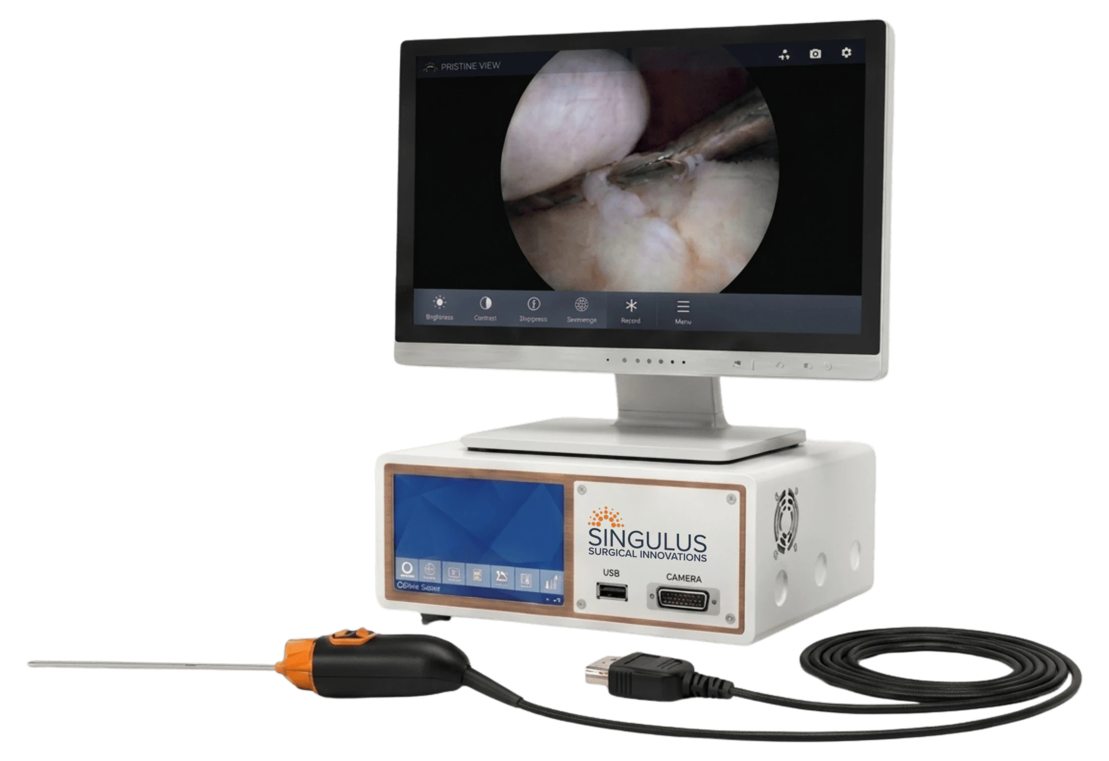 Pristine CCU (camera control unit) with OR display monitor, light source, and image capture.